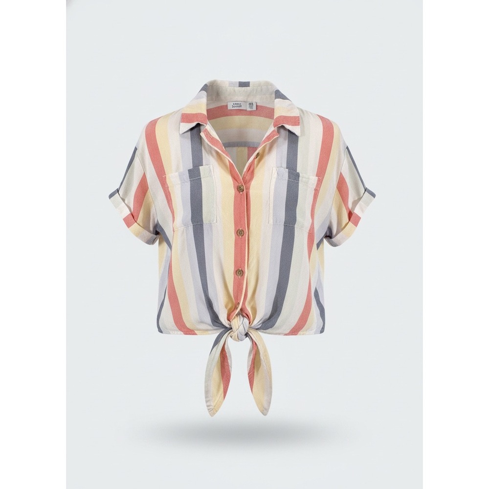 Hollister Women Stripped Tie Front Crop Top Button Down Short Sleeve Shirt